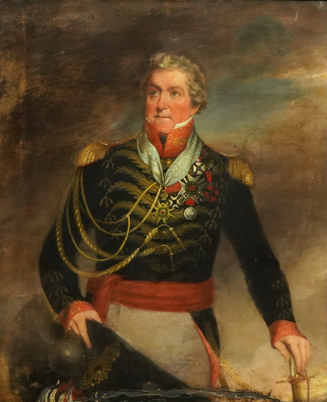 Early 19th Century English School, Three quarter length portrait of a Napoleonic General, standing with hat and sword in hand, clouds beyond, oil on canvas, 59 x 49cm